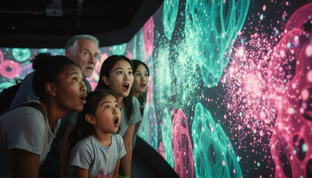 Amazed group of people looking with wonder at a huge curved immersive panoramic projection screen displaying glowing abstract neon green and pink fluid digital patterns