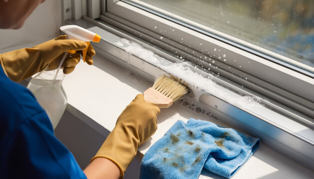 Janitor wearing protective yellow rubber gloves spraying soapy water and brushing dirt out of a white window frame track next to a blue microfiber cloth