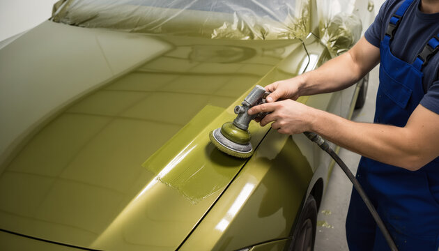 Detailer using an orbital dual action polishing machine to buff the glossy olive green paint on a luxury vehicle hood under professional workshop lighting setup