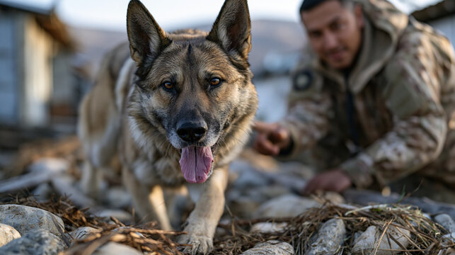 Military working dog and handler mid-training session on obstacle course, canine focused on scent detection task, handler giving hand signal, military base outdoors, K9 unit discipline, working anim