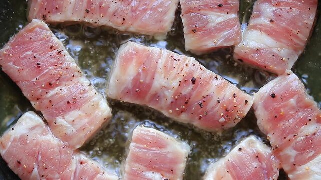 Close-up of marbled raw beef cubes frying and sizzling in hot boiling oil. Top view 