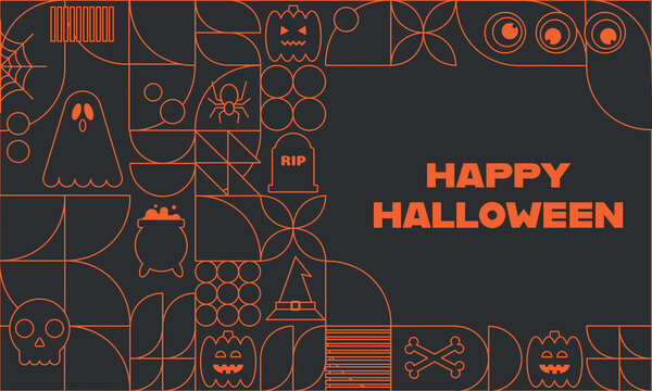 Modern happy halloween poster greeting card with orange geometric line art icons including ghost pumpkin spider skull witch hat and tombstone on dark background