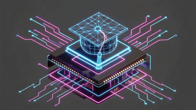 Graduation cap glowing above a digital processor chip showing interconnected electronic circuit lines in a modern cinematic motion video clip