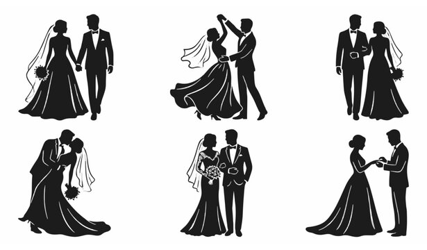 Bride and groom silhouette vector set with romantic wedding couple poses isolated on white