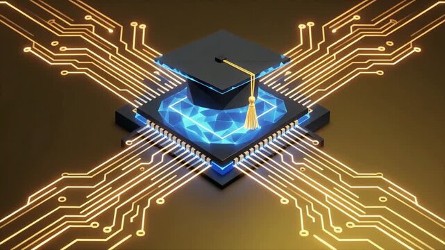 Graduation cap placed on a glowing computer processor chip representing digital education and future technology learning in motion video