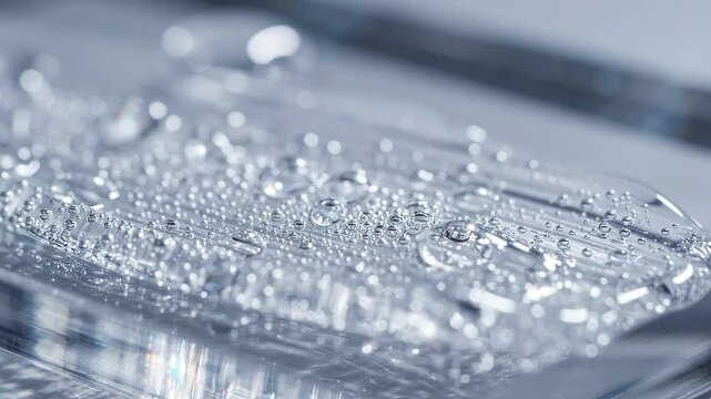 Clear water droplets on transparent plastic surface with selective focus macro background