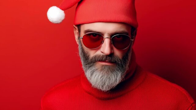 A man wears a red hat and sunglasses while posing in front of a bright red background during a holiday themed photo shoot in a studio