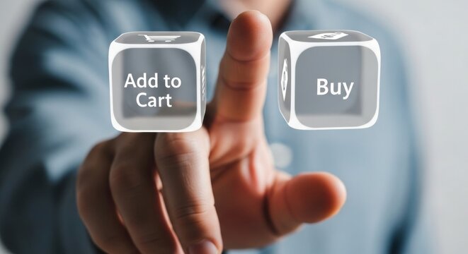 M&atilde;o de pessoa apontando para dois cubos com texto relacionado a compras.