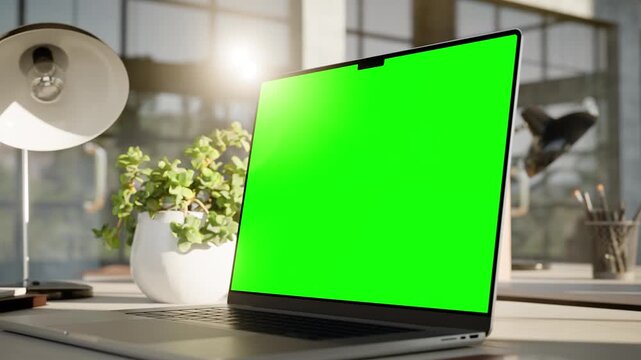 Laptop Green Screen Mockup on Desk in Bright Modern Office - Angle View