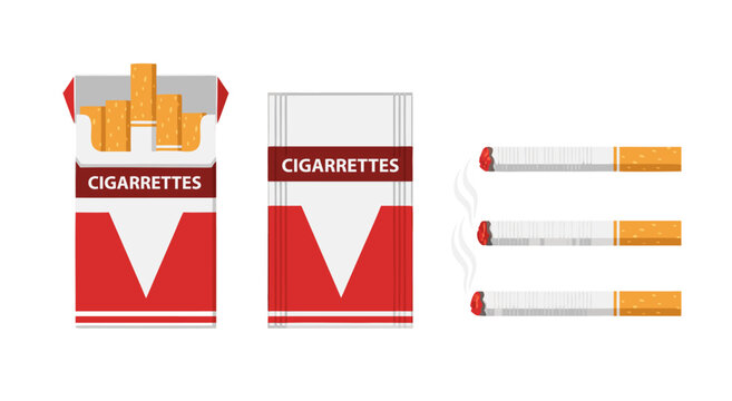 Vector illustration of tobacco cigarettes in open and closed packs, alongside individual lit and unlit sticks, representing smoking and addiction risks