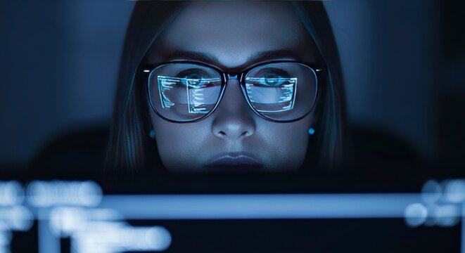 Uma mulher de &oacute;culos olha para a tela de um computador em um quarto escuro.