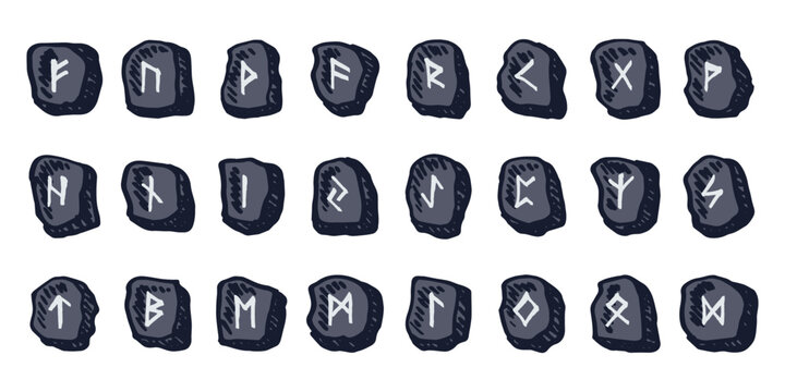 Set of hand drawn viking runes Rune stones with ancient norse alphabet characters engraved on them Scandinavian futhark germanic celtic Single element for design, print, web, decor