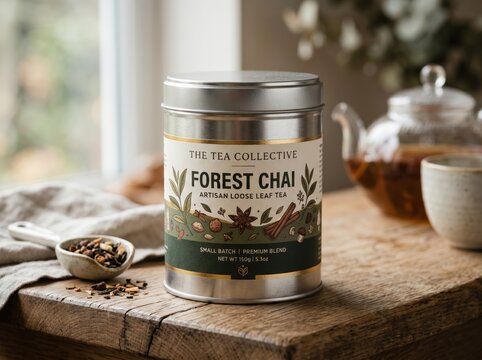 Forest chai loose leaf tea jar on wooden surface