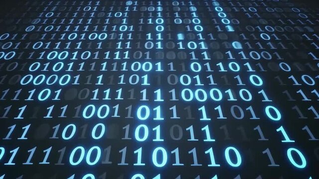 Binary code stream flowing vertically on a dark digital screen representing information processing and advanced computer data networking technology