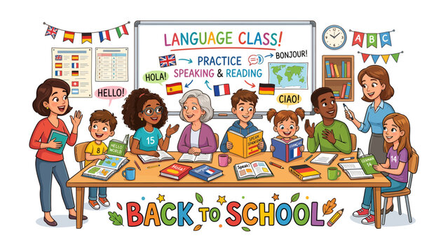 Language Class Adventure: A vibrant classroom scene where enthusiastic students and a teacher engage in a fun language lesson, fostering global communication and learning.