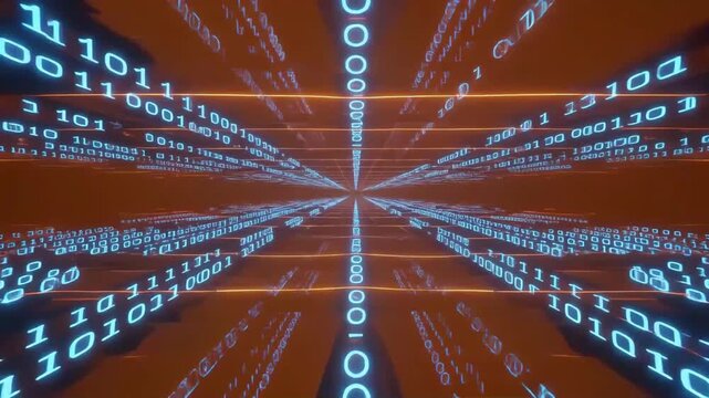 Binary code stream flowing through a digital orange cyberspace tunnel creating a fast moving cinematic motion graphics video loop