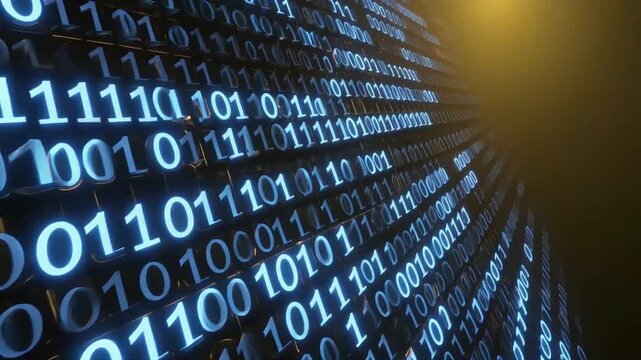 Binary code stream flowing on a dark background showing digital information processing in a continuous motion 4k video sequence