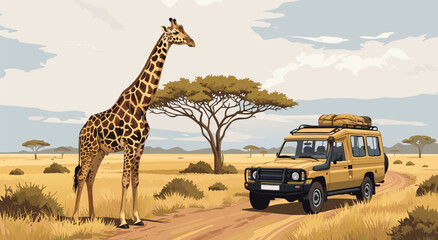 Safari adventure with giraffe and jeep vector illustration in African savanna landscape © Purnomo