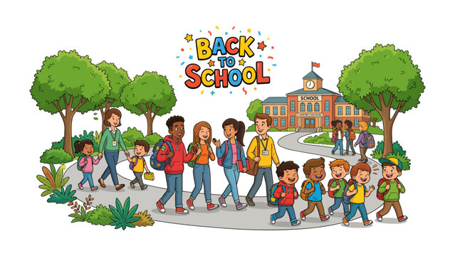 Back to School Excitement: Children and teachers walk towards a school building, holding backpacks and smiling, eager to begin the new academic year with joyful anticipation.