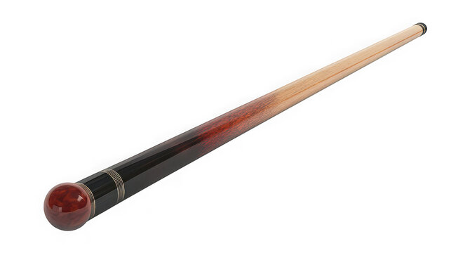 Snooker cue stick with red and black handle on white background for pool table games and leisure activities