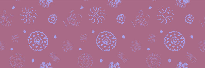 Hand Drawn Floral Seamless Pattern on Mauve Background with Lavender Botanical Spiral and Doodle Motifs  © Takoyaki Shop