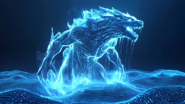 Mythical water creature rising from digital ocean. Concept of artificial intelligence and fantasy art. Panning and tilting camera movement.