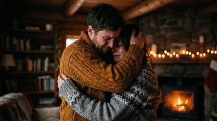 Obraz premium Emotional Couple Embracing in Front of a Cozy Fireplace