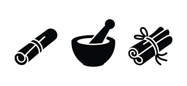 Outline icons of rolled scroll, mortar and pestle, and tied cinnamon sticks