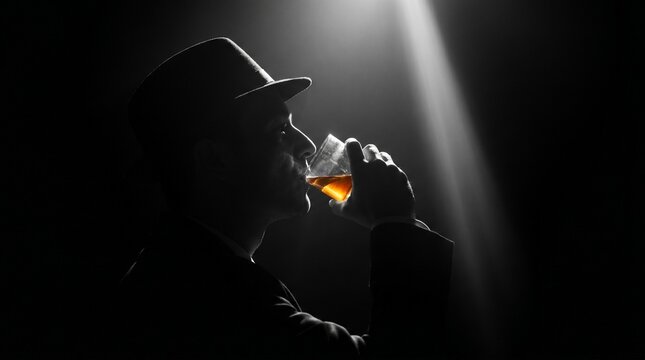Mysterious Man in Fedora Hat Drinking Whiskey in Dramatic Spotlight