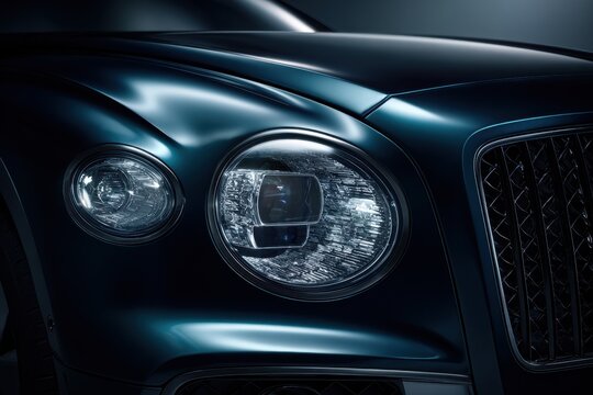 Luxurious dark teal car front showcasing sleek modern round headlights and intricate vehicle grille design under soft lighting conditions