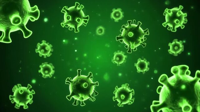 Coronavirus cells floating in green liquid medium representing microscopic medical research and biological analysis of a viral pandemic outbreak