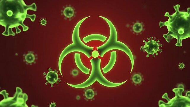 Biohazard warning symbol surrounded by moving virus particles in a dark red digital motion graphic science video clip
