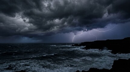 Fototapeta premium Dramatic Lightning Strike Over Stormy Dark Ocean at Night