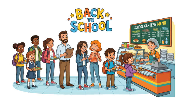 Back to School Lunch Lineup: A lively illustration depicting students and a teacher queuing up in a school canteen for lunch, with a menu board and serving counter in the background.