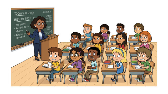 Back to School: A lively classroom scene with a teacher instructing a diverse group of students, all seated at their desks, ready to learn.