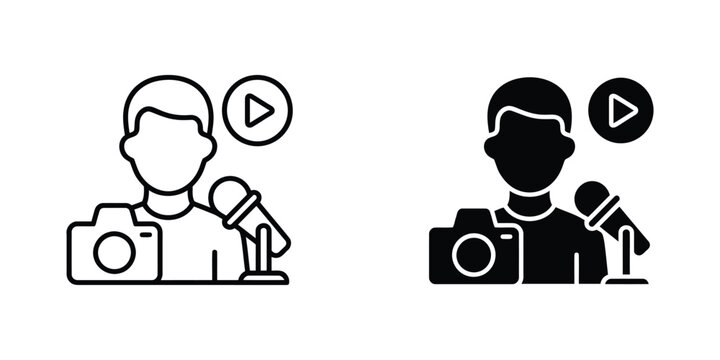 Content creator icon vector set of vlogger journalist with camera and microphone in outline and solid styles