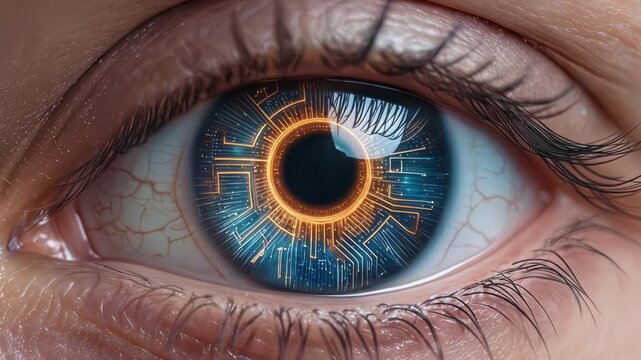 Cybernetic eye with glowing digital circuits on iris. Extreme close-up of futuristic bionic eye with panning and tilting camera movement.