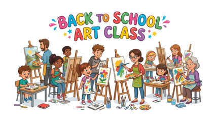 Fototapeta premium Back to School Art Class: A vibrant illustration depicting a diverse group of children and adults engaged in a lively art class, painting and drawing on easels with colorful supplies.
