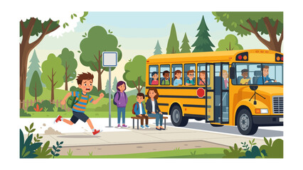 Running late for the school bus: A young student in a striped shirt races towards a yellow school bus, backpack bouncing, while other children wait at the bus stop under a clear sky. © azizunnahar