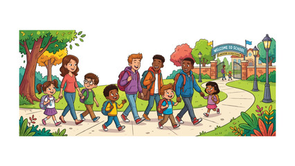 Fototapeta premium School Days Ahead: A cheerful group of students and teachers walk along a path towards a school entrance, carrying backpacks and radiating excitement for the learning journey.