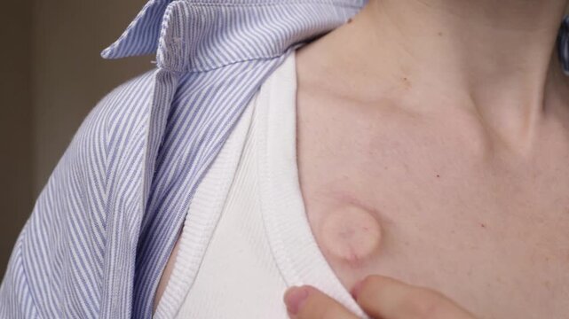 detailed close-up of a visible chemotherapy port near the neckline of a white ribbed top, illustrating body changes, treatment access and everyday cancer reality
