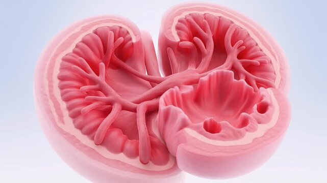 Detailed 3D rendering of the human kidneys internal structure, showcasing the renal cortex, medulla, and calyces in a vibrant pink hue against a light background, perfect for medical and educational .