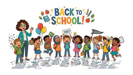 Back to School Celebration: A joyful teacher stands with a group of diverse, excited children holding balloons and school supplies, ready for a new academic year. © azizunnahar