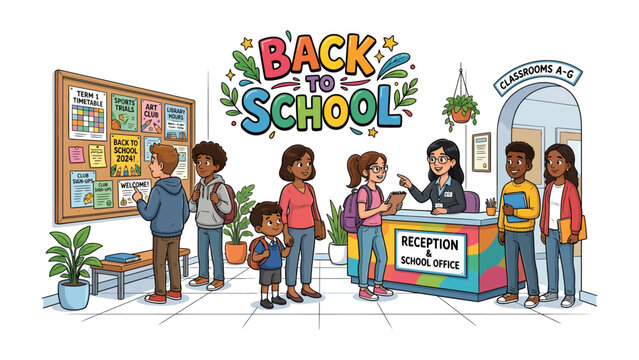 Back to School Excitement: Students and parents gather at a school reception area, a bulletin board displays important information, and a friendly staff member assists visitors.