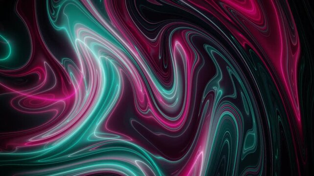 Swirling magenta and turquoise liquid waves blend into an abstract marble pattern in a seamless 3D animation loop for trendy title sequences
