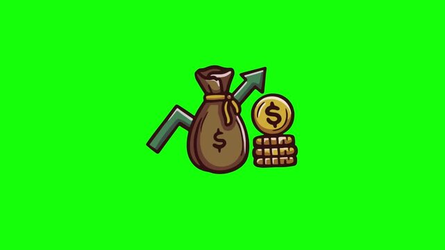 Animated money bag and rising financial graph icon on green screen for easy chroma key removal.