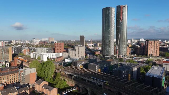 Trains go by Castlefield in Manchester