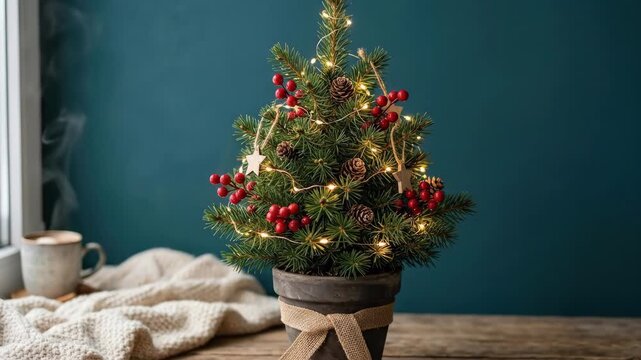 Cozy spruce mini tree with warm LED lights and red berries on a deep teal background, festive winter cheer and New Year mood, soft natural light, clean composition, realistic detail, premium stock
