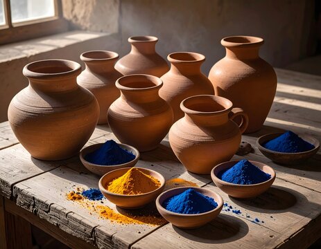 Terracotta clay pots and bowls with vibrant blue and yellow raw pigment powders