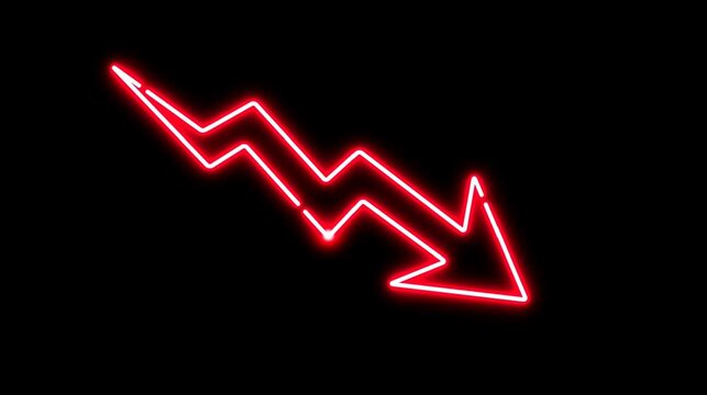 Animated red neon glowing zigzag arrow motion graphic isolated on black background for business decline UI element